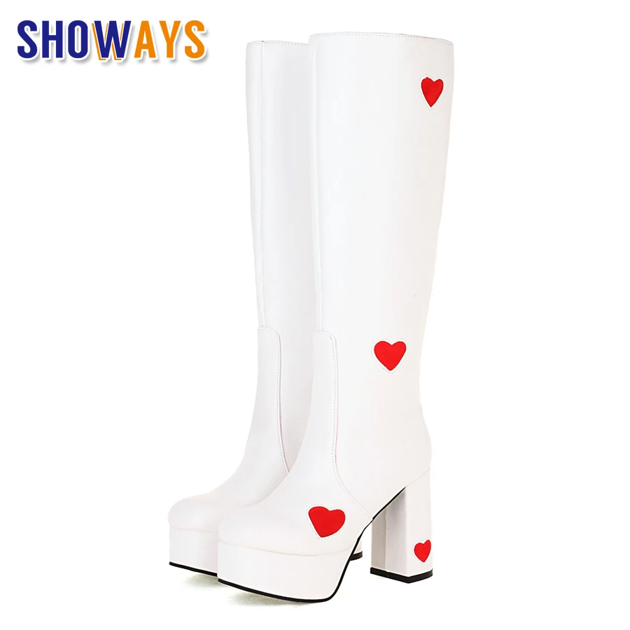 Sweet Winter Women Platform Knee High Boots Square Heel Red Heart Cute Party Show Lady Round Toe Zipper Lolita Long Knight Boots