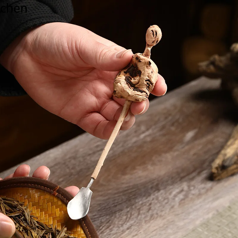 CZ Wooden Root  Scoop, Pure Tin Tea Spatula, Natural Solid Wood Tea Tool, Zen Tea Ceremony Accessory