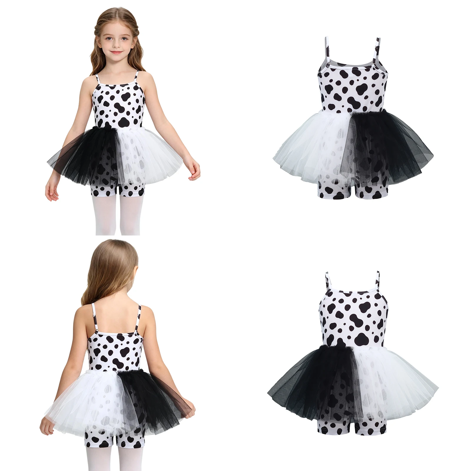 

Kids Girls Dalmatian Dog Dress Up Cosplay Bodysuit Adjustable Spaghetti Strap Ruffle Mesh Overlay Jumpsuit for Stage Performance