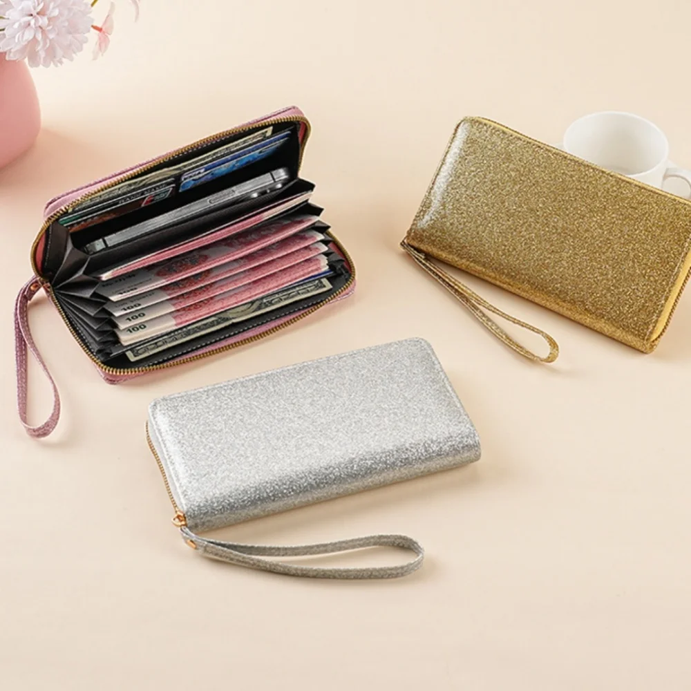 Women Glitter Long Wallet Sparkly Zip Around Clutch Bag Bling Shiny Evening Party Purse Wristlet Phone Handbag PU Card Holder