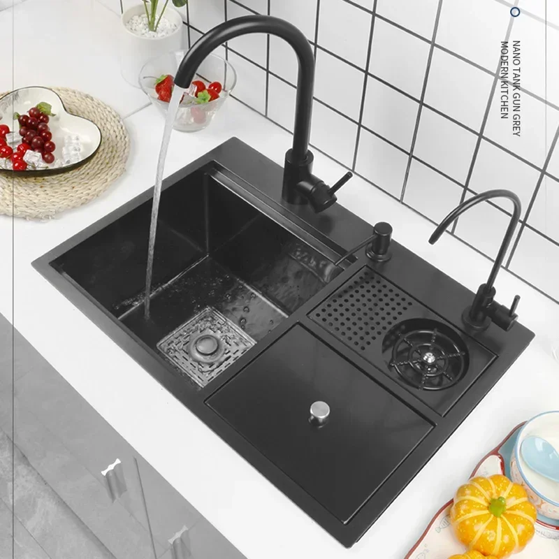 Nano Cup Washer Kitchen Sink Stainless Steel Multi-function With Trash Can Hidden Single-slot Bar With Cover Plate Wash Basin