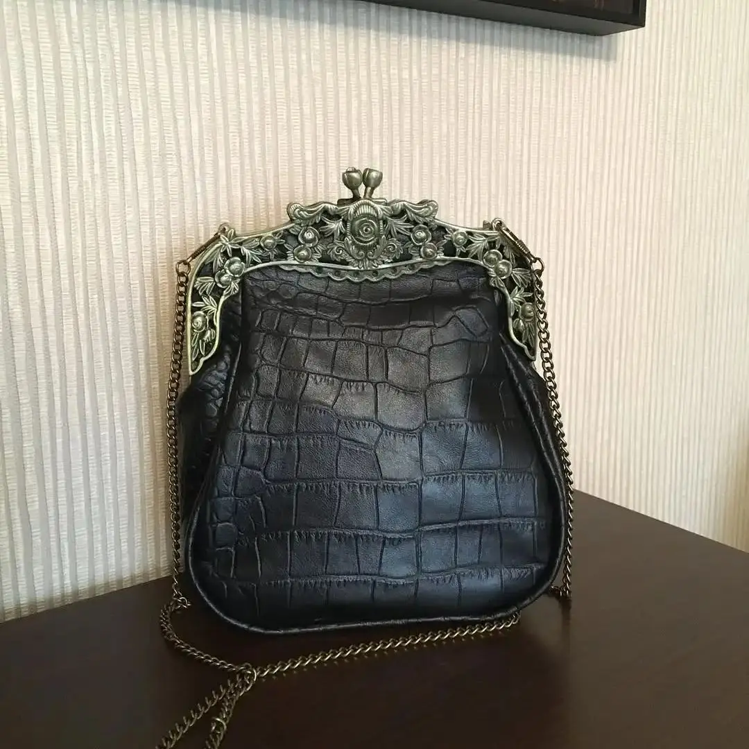 Lost In Vintage Artficial Leather Crocodile Purse Metal Frame Kiss Lock Evening Clutch Vintage Nickel Farmyard Purse 23x9x18cm
