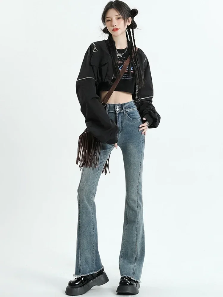 Hohe Taille Flare Jeans Frauen Schlank Harajuku Freizeit Koreanischen Stil Herbst Ausgefranste Tun Alte Täglichen Knöchel Länge Streetwear Elegante 2023