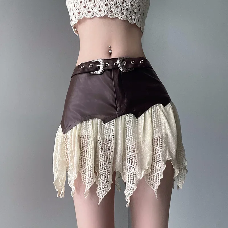 

Women's Skirt 2024 Summer Fashion Leather Lace Patchwork Casual Irregular Hem Mini Skirt Spicy Girl Short Skirt Y2k Streetwear