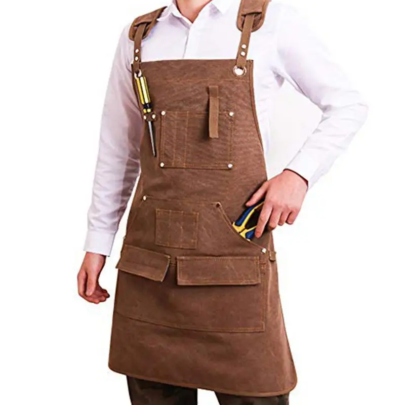 Apron With Pockets Gardening Aprons Canvas Work Aprons For Men Fully Adjustable Size Aprons With Cross Back Straps For Carpentry