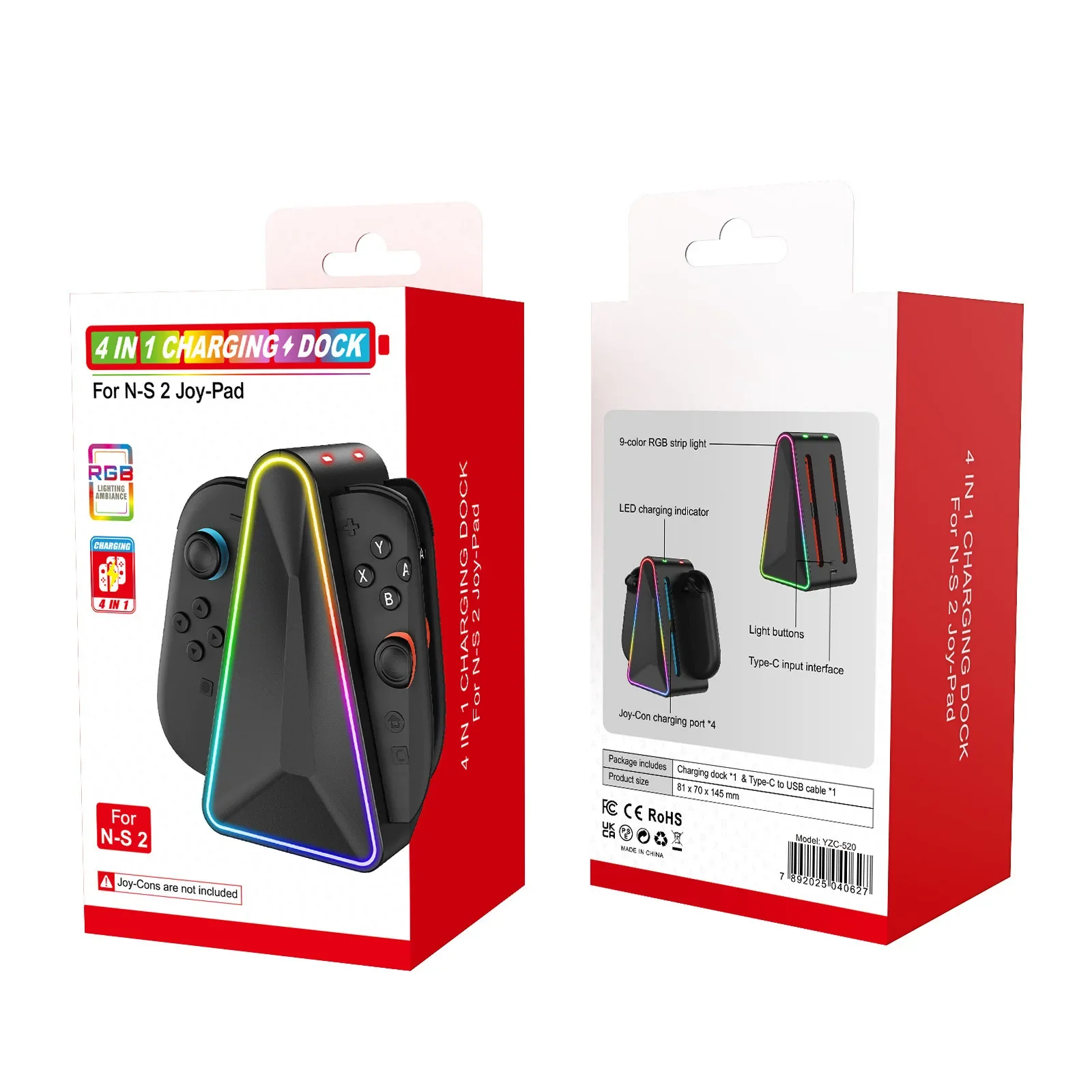 لوحدة تحكم Switch 2 / OLED/Lte مع مقبض شحن الضوء المحيط RGB Joypad شاحن وحدة التحكم اليسرى واليمنى 4 في 1 مجموعة