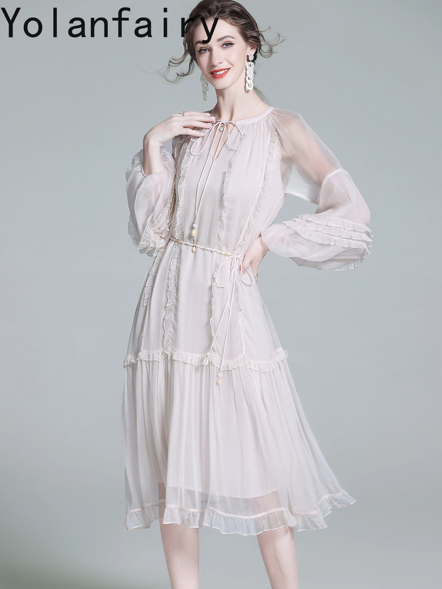 YOLANFAIRY الراقية 100% فساتين حرير التوت الطبيعي للمرأة الخريف أنيقة شيك فستان طويل ملابس النساء فساتين عطلة