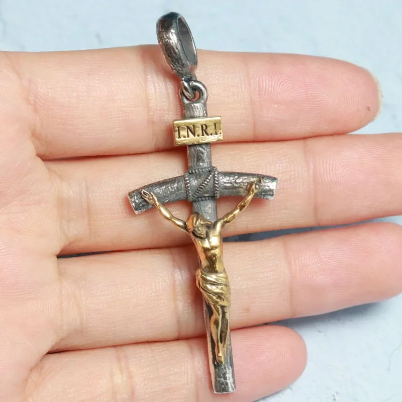 7g Jesus Christ Crucifixion Wooden Catholic Long Cross Gold PENDANT  Customized 925 Solid Sterling Silver