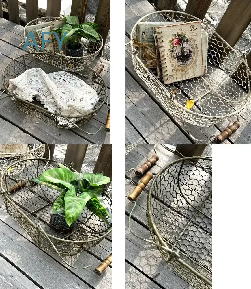 French Country Wire Basket for Rustic Farmhouse Decor Storage Organizer Tray for Vintage Home Kitchen Living Room Bedroom