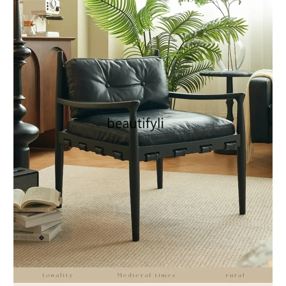 

FG28Nordic Retro Black Single-Seat Sofa Chair Living Room Solid Wood Leather Leisure Chair Simple Modern Recliner Small Apartmen
