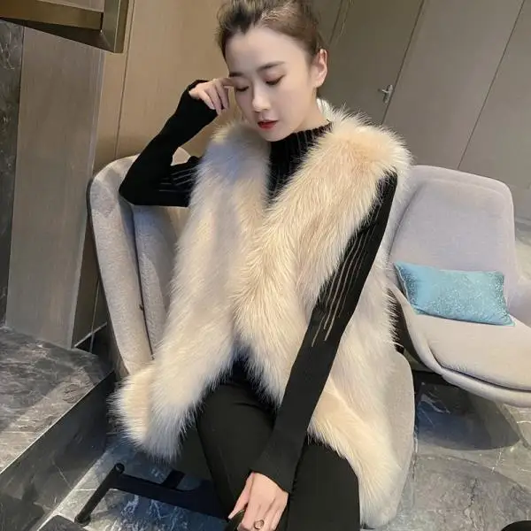 2024 Faux Fox Fur Women Long Vest Black Warm Faux Fur Big Size Plush Coats Female Jacket Autumn Winter Furry Outerwear New QY215