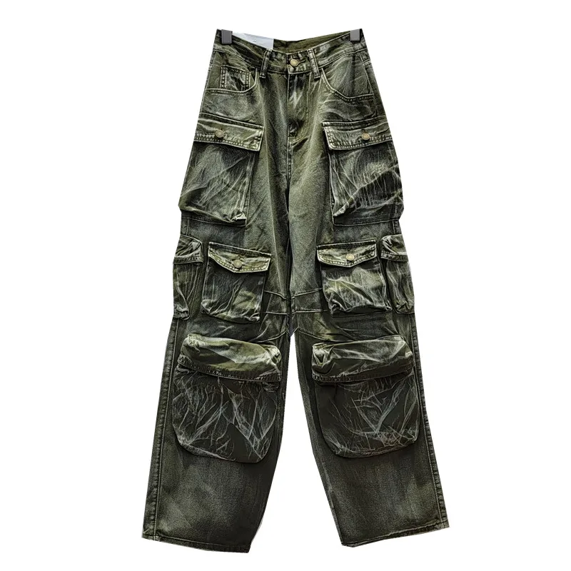 Hip Hop Avant-Garde Functional Style Distressed Streetwear Multi-Pocket Overalls Mop Pants Wide Leg Dance Stage Women's Trousers