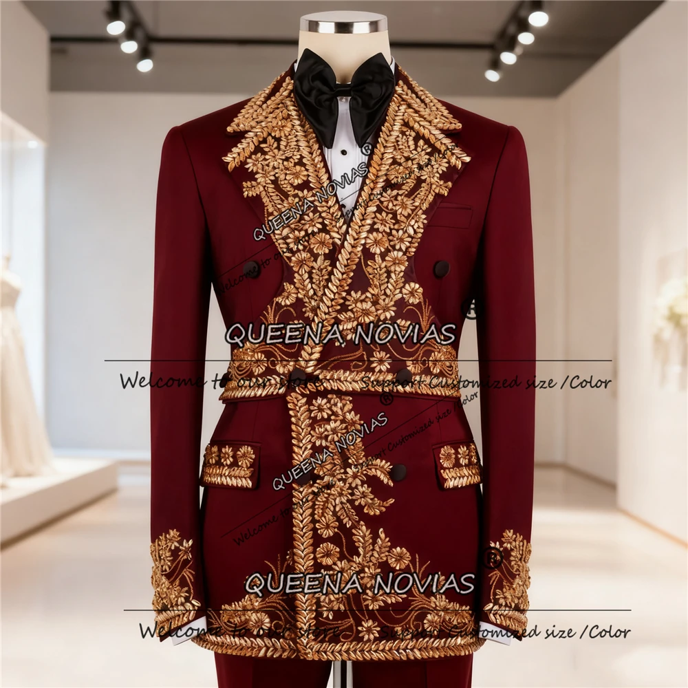 

Sparkly Diamond Beaded Suit Men For Wedding Unique Design Double Breasted Jacket Pants 2 Piece Set Groom Tuxedos Terno Masculino