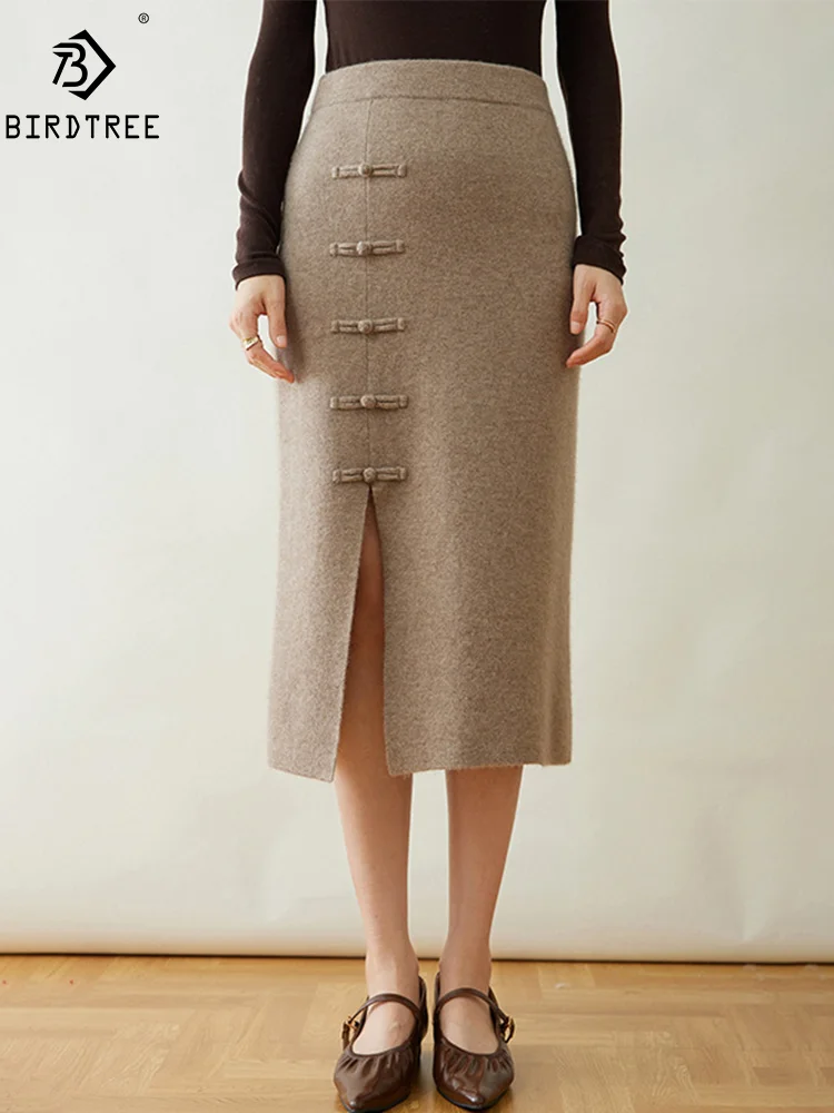 BirdTree, Cashmere Wool Elegant Skirts, Women High Slit Frog Buttons, Vintage Fashion OL Skirt, 2024 Autumn Winter New B48514QM