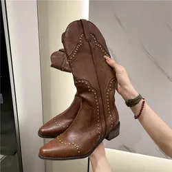 Retro Rivet Long Boots Women Low Heel Cowboy Chelsea Western Pu Leather Knee High Gothic New Ladies Shoes Vintage Brown Botas