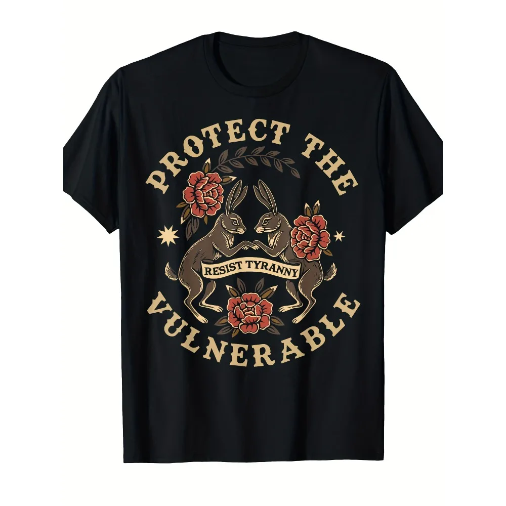 

Men's Rabbit Folk Art The Vulnerable Resist Tyranny Graphic - with Golden Lettering Rabbit Design, Soft Short Sleeve Crew Neck