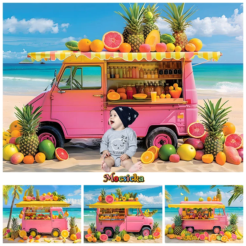 

Pink Fruit Cart Backdrop For Photography Summer Beach Blue Sky White Clouds Ocean Girl Baby Background Decor Fond Photo Studio