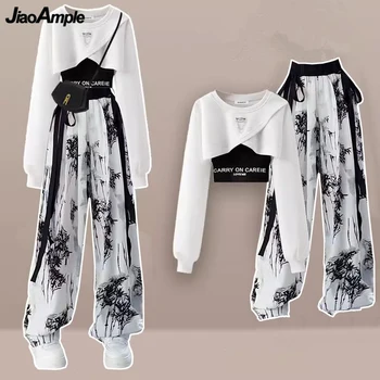 ฤดูใบไม้ผลิฤดูใบไม้ร่วงผู้หญิงแฟชั่น Crop Sweatshirt Letter SLING พิมพ์กางเกง 1 หรือ 3 ชิ้นชุด Lady Cool Streetwear ชุดเสื้อกางเกง