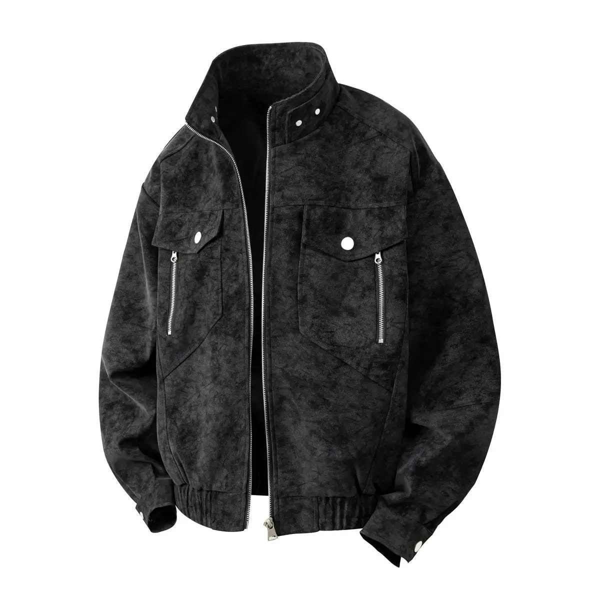 

Spring New Men'S High-Quality Tie-Dyed Pu Leather Jacket With Stand Collar Comfortable Solid Color Casual Leather Jacket