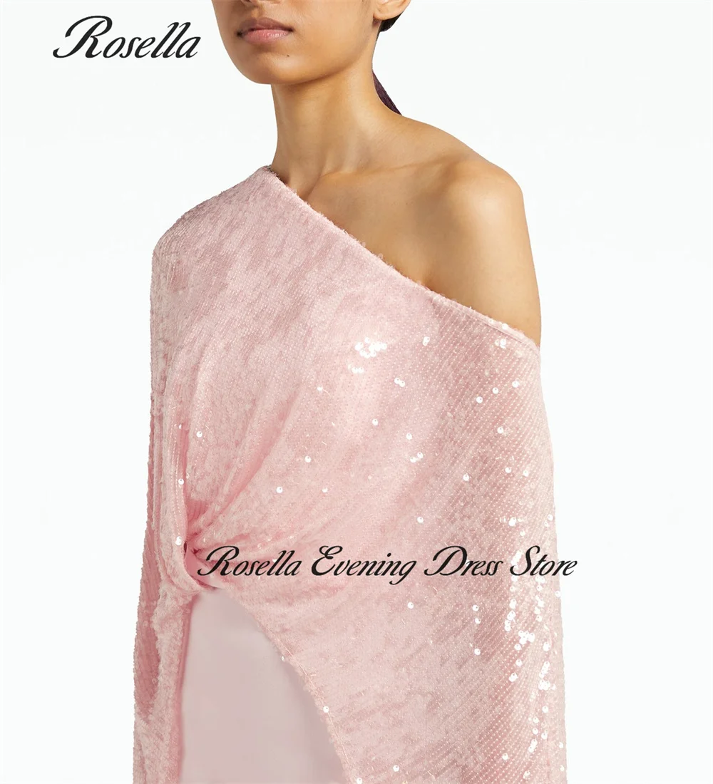 ROSELLA Light Pink One Shoulder Prom Dress Sequins Shawl Evening Gowns Mermaid Robes De Bal Vestidos Arab New 2024