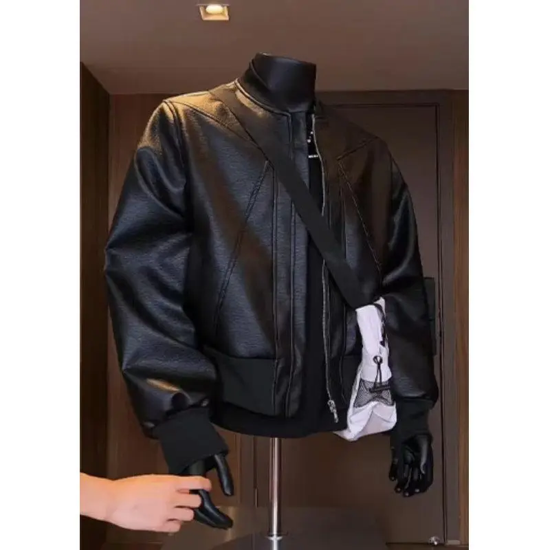 Spring and Autumn Hot Selling Men's American Fashion Long Sleeve Jacket with Cracked Leather Zipper Jacket, Men's Solid Color