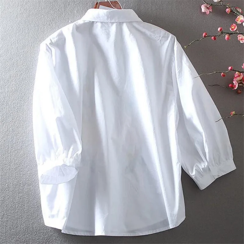 Embroidered Shirt For Women Blouses Summer Ethnic Style Top Loose Female Blous POLO Neck Button Up White Woman Clothes Shirts