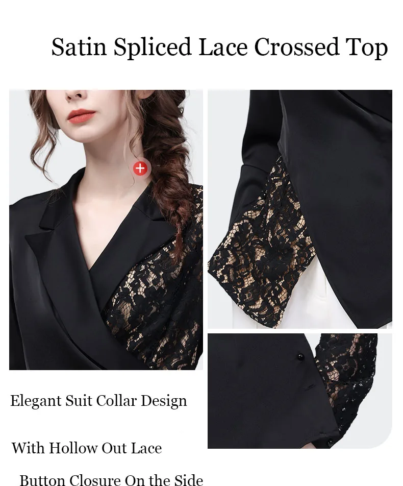 Fashion Spliced Design Women\' Long Sleeve Suit Collar Black Lace Satin Top 2023 Spring Summer New Elegant Slim Casual Shirts