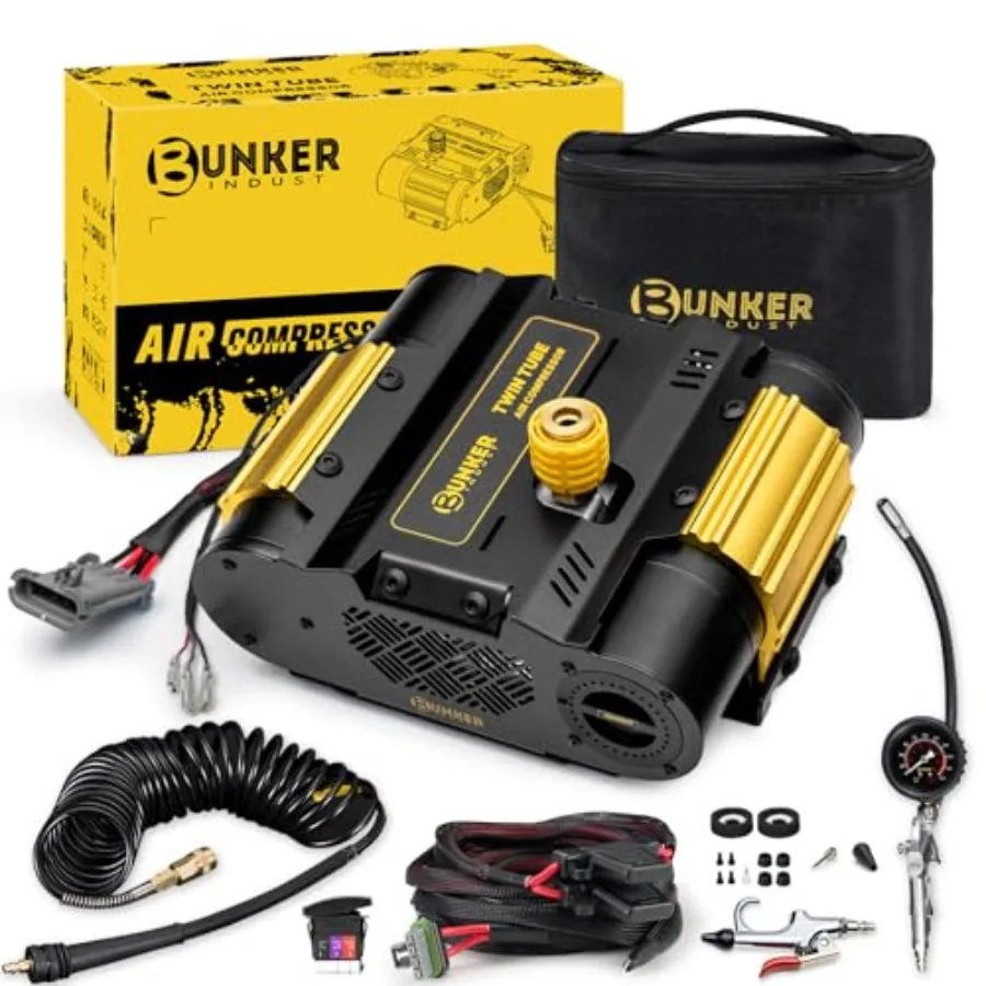 

Offroad 4x4 vehicle tire inflator, aluminum alloy body, black finish, 12V twin motor with pressure gauge, max 150 PSI