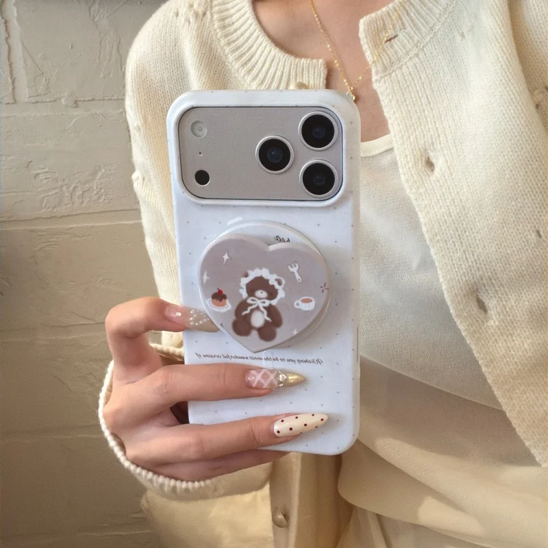 

Fashion White Polka Dot Cute Bear Magnetic Stand Phone Case For Apple iPhone 17 Pro 15 Pro 16 Pro Max Back Cover For Magsafe Cas