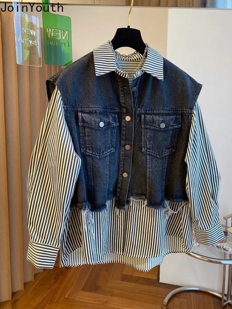 Blouse Women\'s Clothing Vintage Denim Patchwork Fake Two Shirts 2023 Blusas Mujer De Moda Casual Striped Y2k Oversized Tops