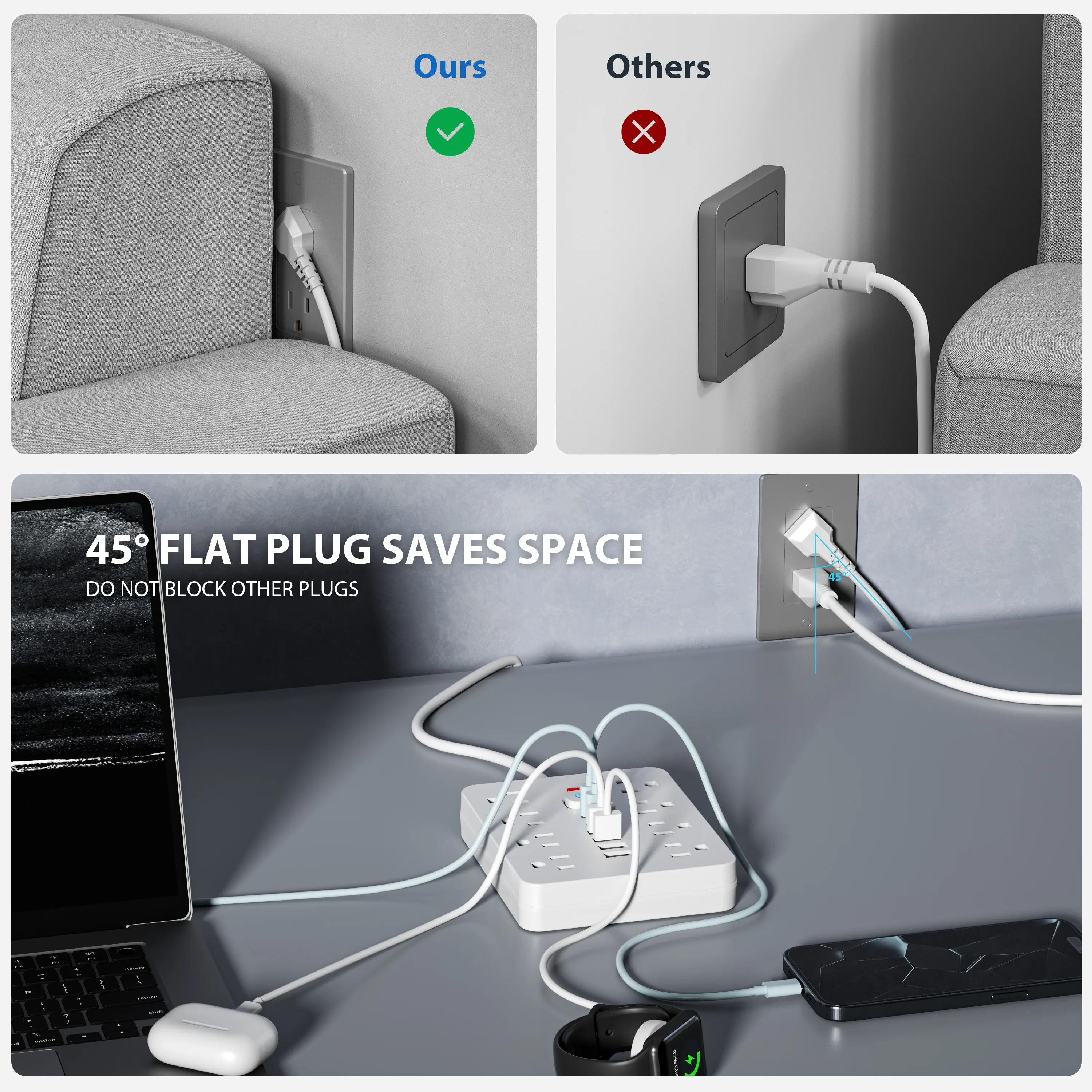 قطاع طاقة للحماية من زيادة التيار مع مفتاح - 8 منافذ تيار متردد و6 منافذ USB (بما في ذلك 2 USB-C) وسلك 5 أقدام/10 أقدام
