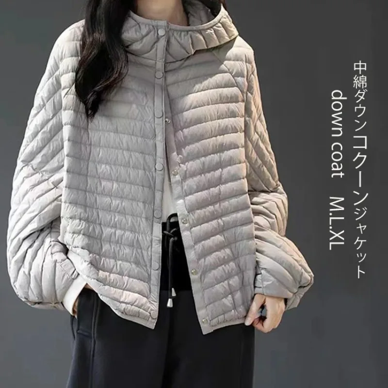 Women's Autumn Winter Japanese New Stripes Petite Loose Cotton Coat Hooded Outerwear Short Tops Lightweight Jacket Versatile