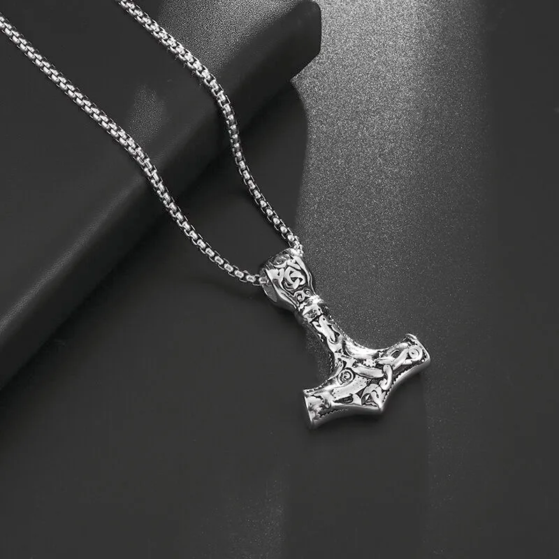 Vintage Nordic Celtic Thor Hammer Necklace Men\\\\\\\'s Amulet Silver Color Pendant  Jewelry Punk Necklace