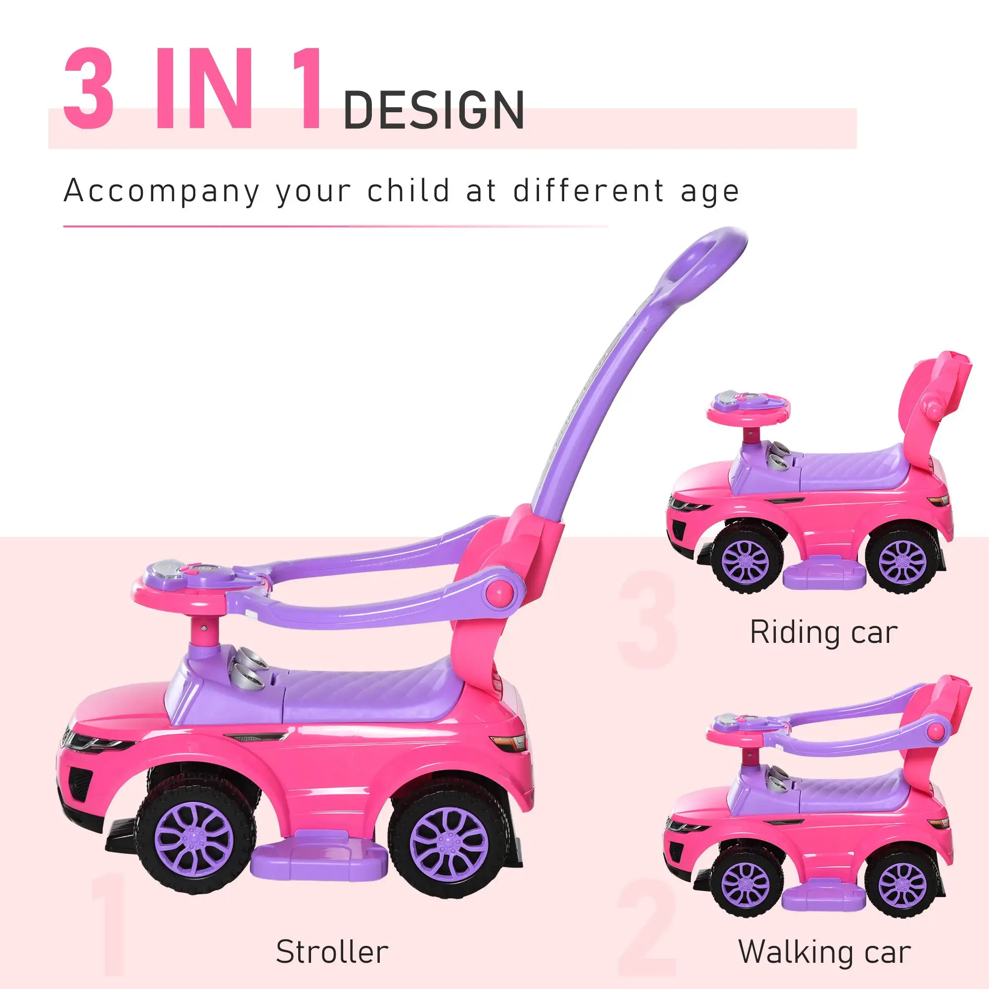 3 In 1 Push Cars for Toddlers Kid Ride on Push Car Stroller Sliding Walking Car Toy for Boy Girl 1-3 Years Old Pink