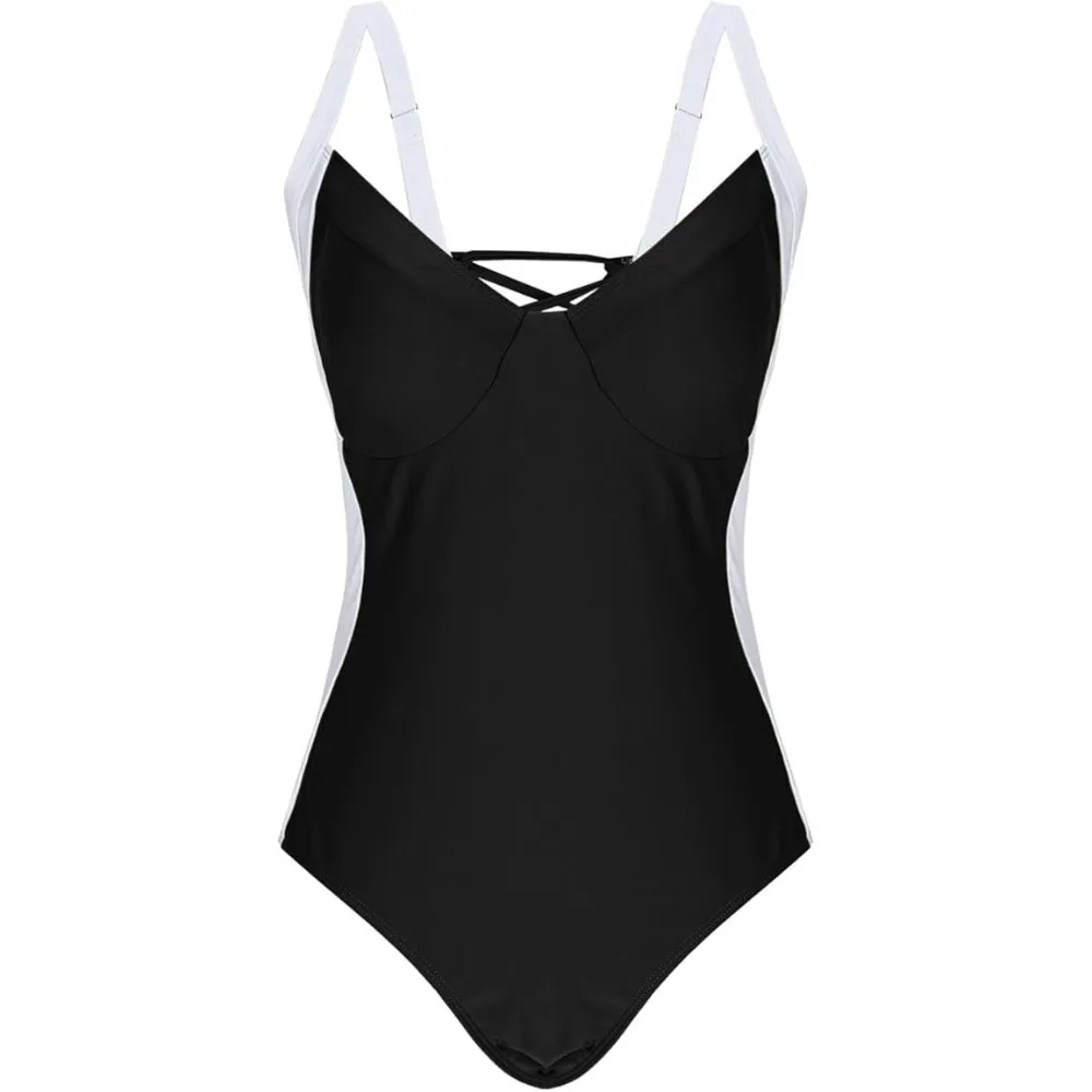 Simple Patchwork Bodysuit Swimsuit Slim Fit V-neck Bathing Swimwear Hollow Beachwear Clothing Jumpsuit Bikini Beach