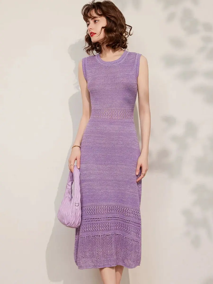 LOUIS YAO Women Knitting Dress 2024 Summer Hollow Sleeveless Slim Fit Dress Slim Fit Fashionable Purple Blue Crochet Dress