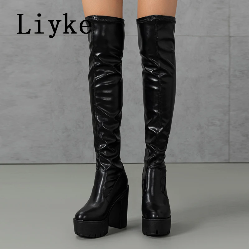 Liyke Sexy Chunky Platform Heels Over The Knee Boots donna Solid Black Leather punta tonda moto coscia scarpe alte taglia 35-42