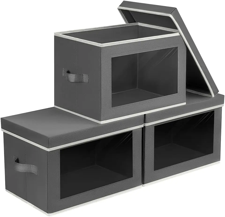 

3 Pack Dark Grey Fabric Storage Bins with Lids & Window Collapsible Closet Organizers for Clothes Towels