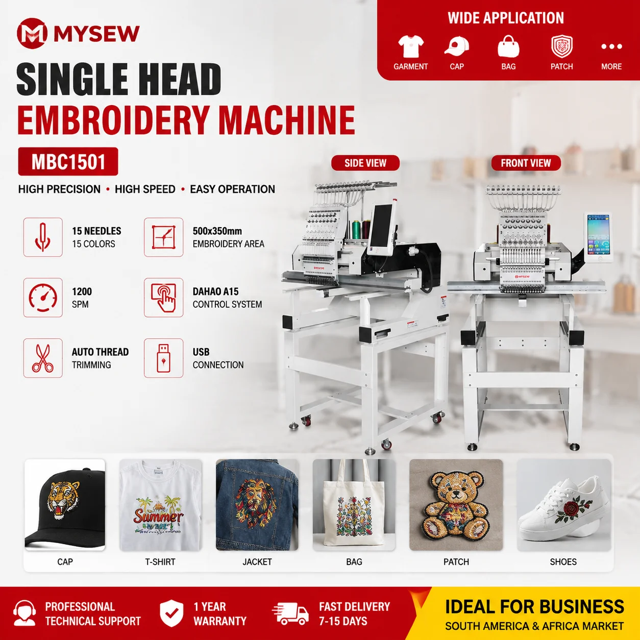 MYSEW MBC1501 Industrial High Speed Single Head 15 Needles Automatic Computerized Cap Embroidery Machine for T-shirt Shop
