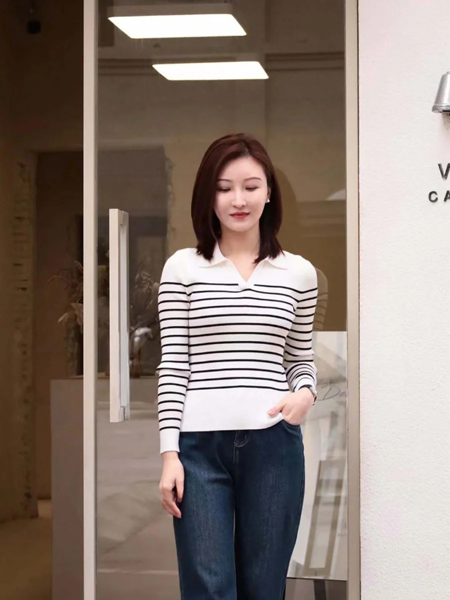 

CHI Skin-friendly Easy-care Knitted Stripe Hoodie Women's Straight-cut Long Sve Regular Thin Spring Faion