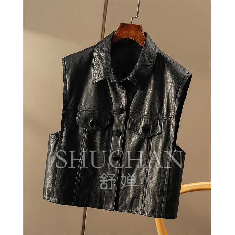Cut Oil Wax Rindslederjacke Weste Jacke Damen Casacos De Inverno feminino 2025, Tank Top ärmellos
