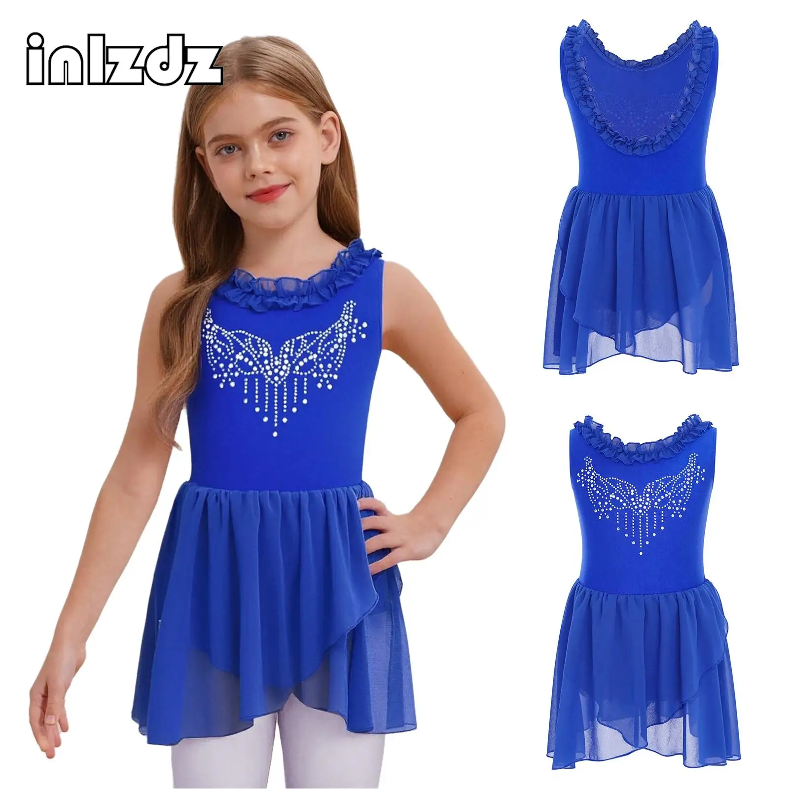 

Kids Girls Sparkling Rhinestones Ballet Dance Dress Ruffled Collar Sleeveless Dress for Figure Skating Gymnastics Performance