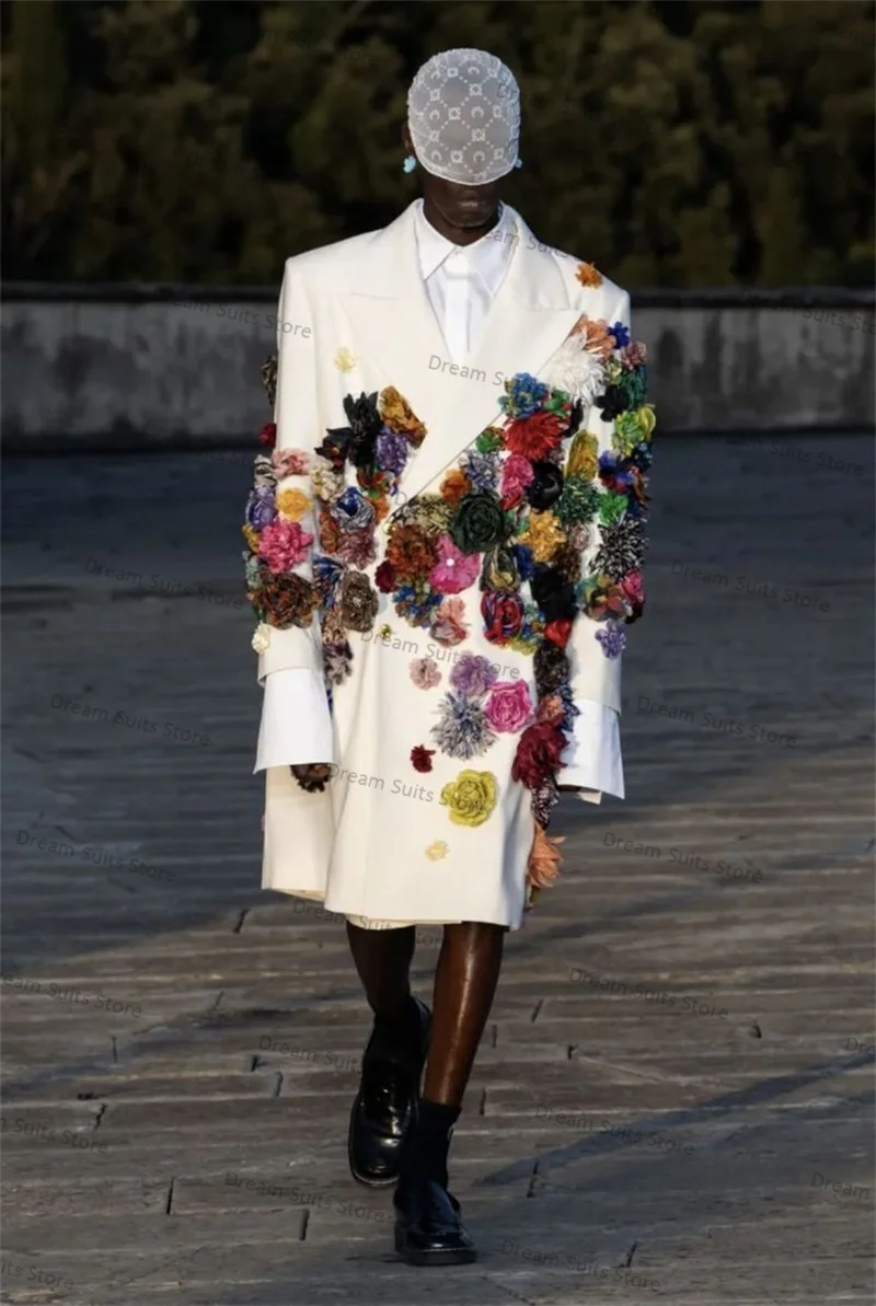 White Men Suits for Wedding 1 Piece Long Blazer 3D Flower Custom Made Jacket Groom Tuxedo Custom Made Cotton Coat Prom Dress