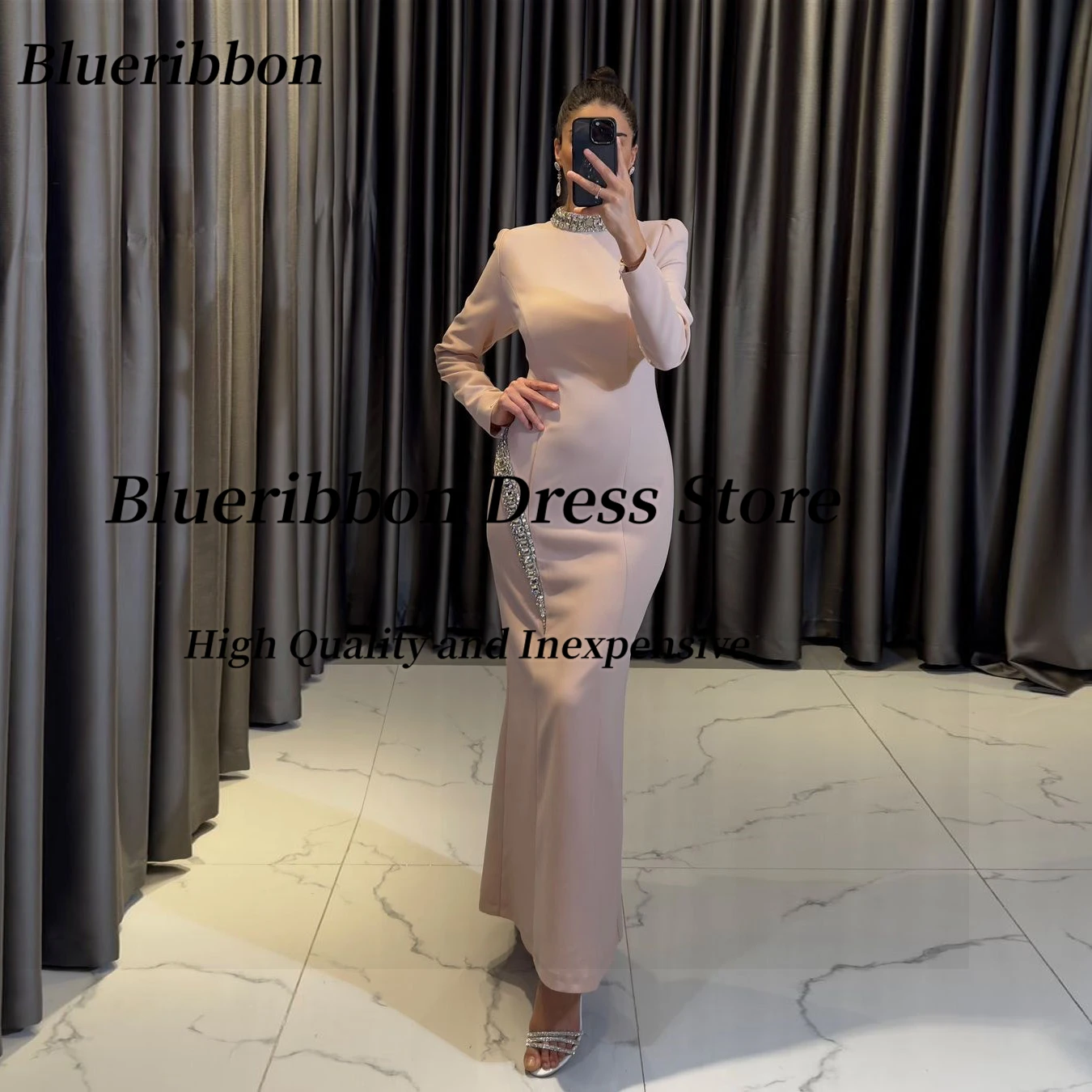 

Blueribbon Evening Dresses 2024 High Collar Beaded Long Sleeves Prom Dress Zipper Back Birthday Party Wedding Guests Wear