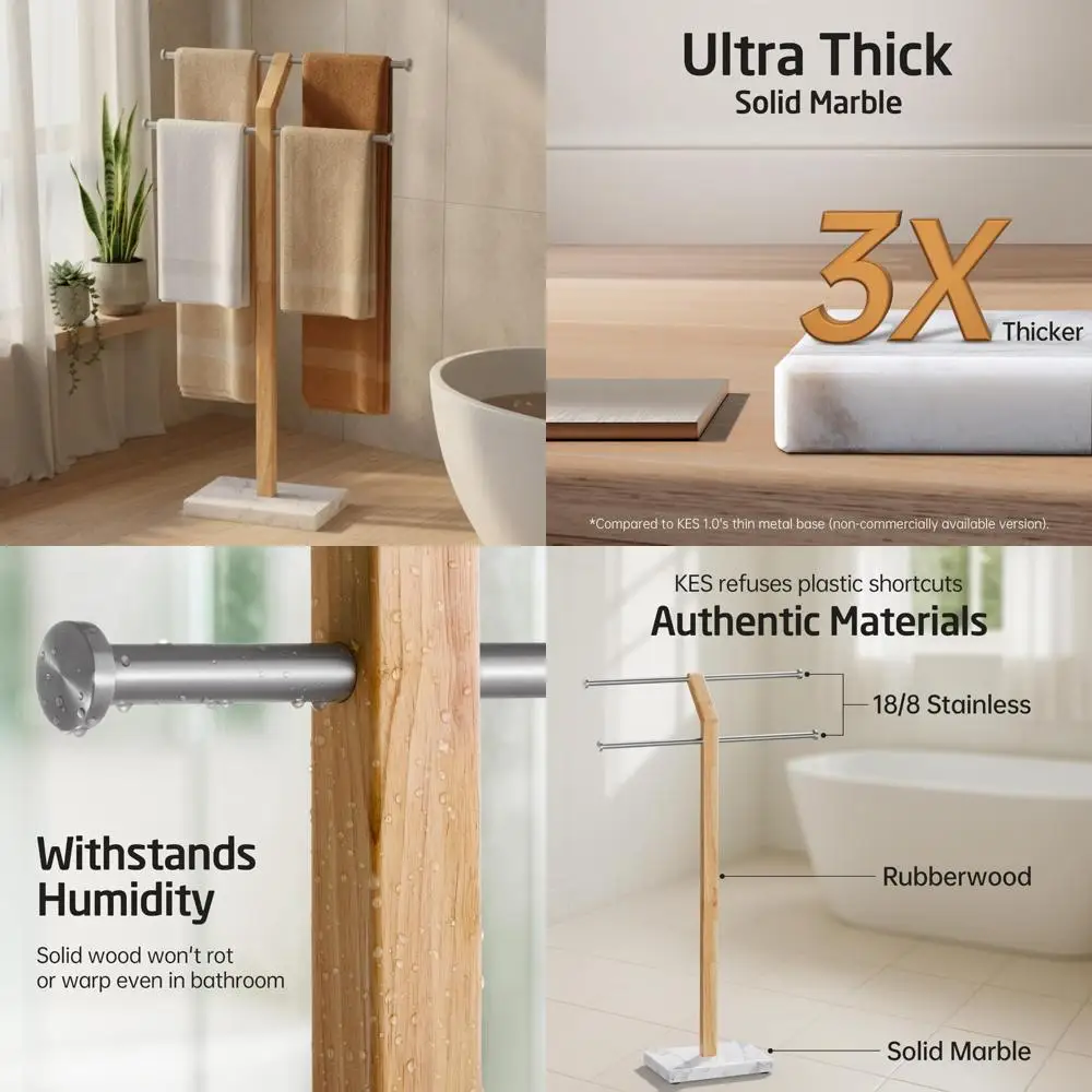 

Стоячая вешалка для полотенец регулируемой ширины с трехугольным основанием из натурального мрамора и двухуровневой деревянной подставкой для использования в ванной комнате