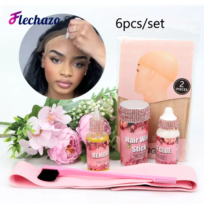 Flechazo Wig Accessories 6Pcs/Kit Lace Wig Glue Adhesives Waterproof With Hair Wax Stick Lace Melting Band HD Wig Cap Edge Brush