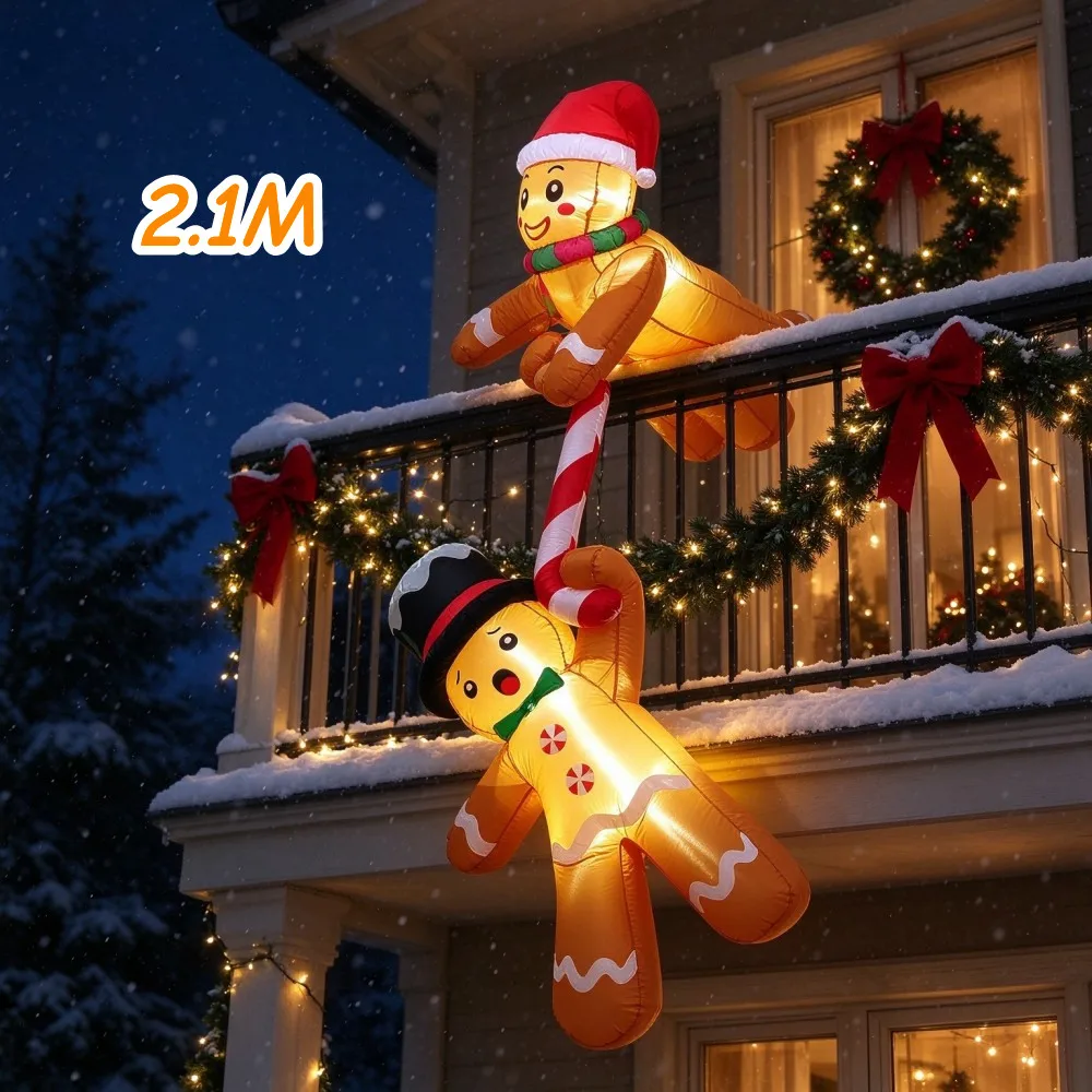 Christmas 2.1M Inflatable Gingerbread Man Candy Cane Built-in LED Lights Indoor Outdoor Courtyard Porch Shopping Mall Decoration