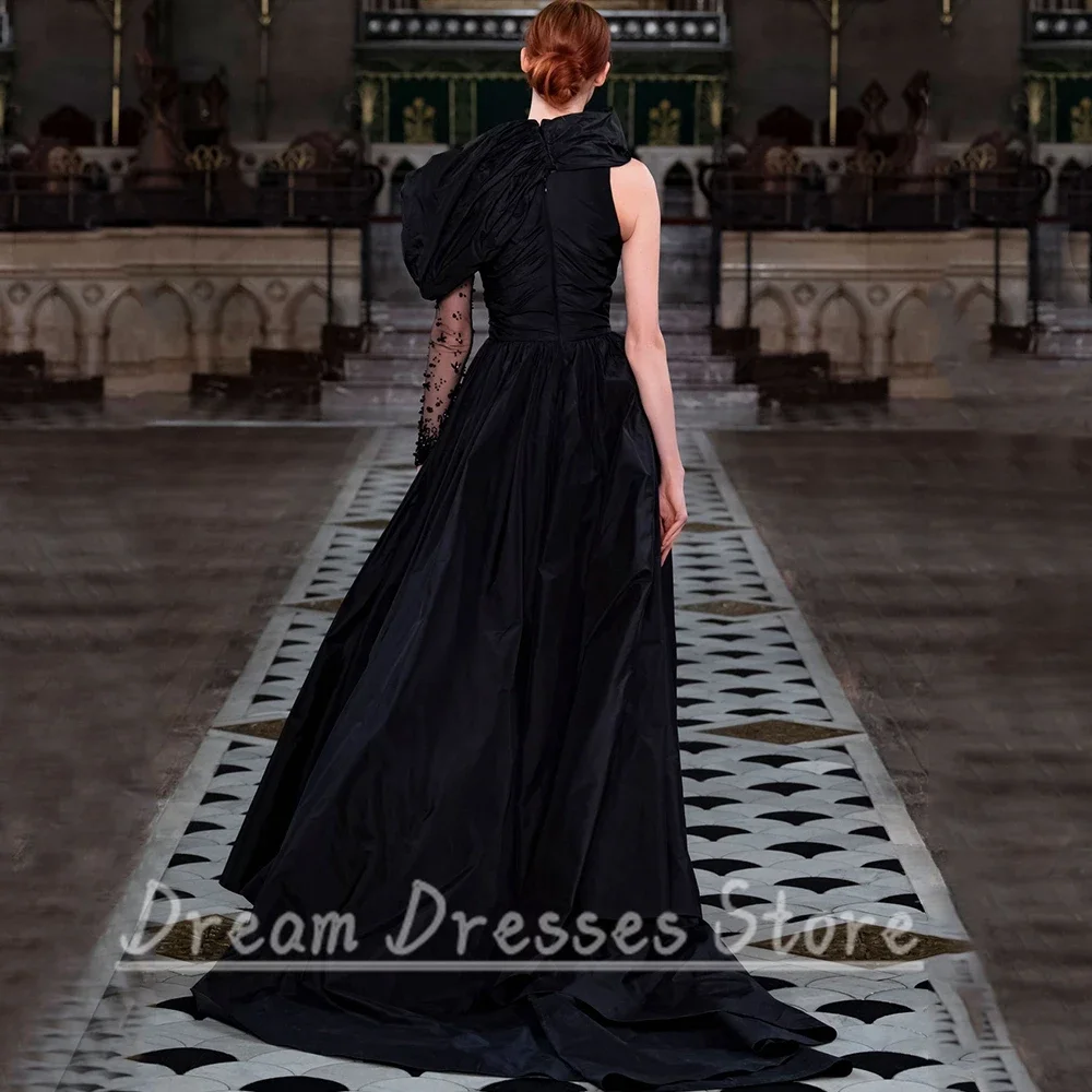 블랙 O넥 원숄더 이브닝 드레스 롱 슬리브 플리츠 A라인 플로어 기장 사이드 슬릿 여성 시크 파티 프롬 아플리케 가운