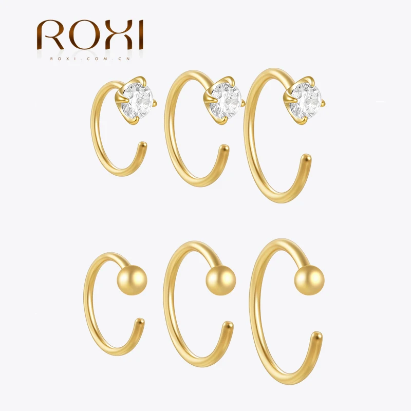 ROXI S925 Sterling Silver Geometric Zircon Ear Hook 3 Piece Stud Earrings For Women Men Minimalist Gold/Silver Piercing jewelry