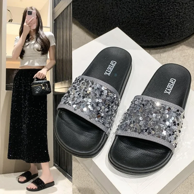 

Summer Shoes Thicken Soled Slippers Woman Paillette Sandals Platform Muffins Slides High Heels Sandales Femmes Luxury Flipflops